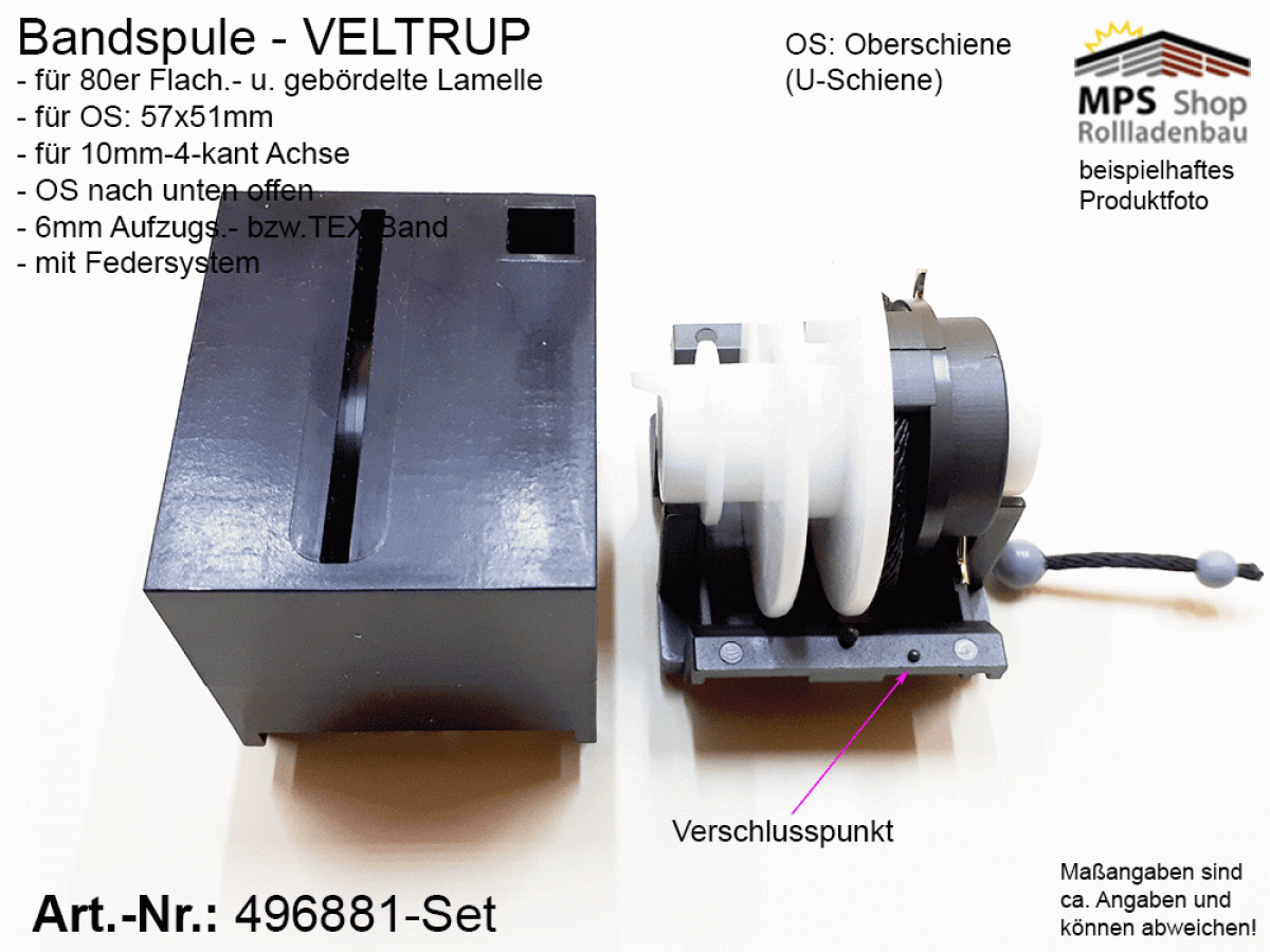 496881, Bandspule, VELTRUP, TEX-Band 6mm, 10mm 4-kant Achse, Oberschiene n.u.offen, 57x51mm, Set