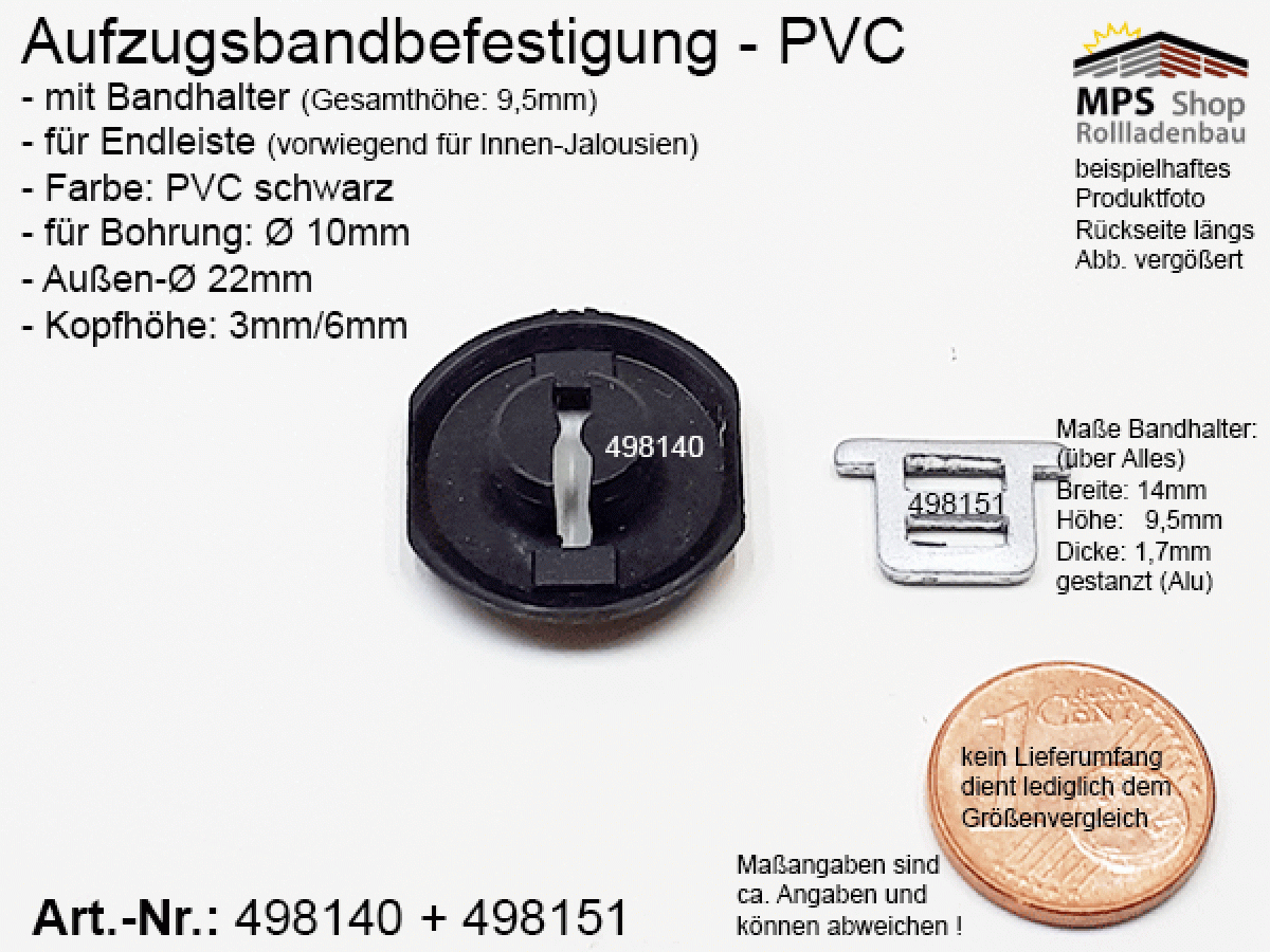 498140+498151 Aufzugsbandbefestigung (PVC-schwarz) und Bandhalter (Alu) als Set