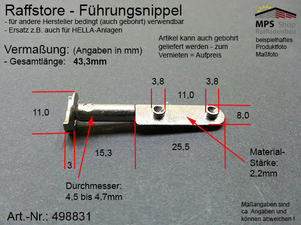 498831-124003001 Führungsnippel Metall, Länge 43,5mm (z.B. Hella) - kurz