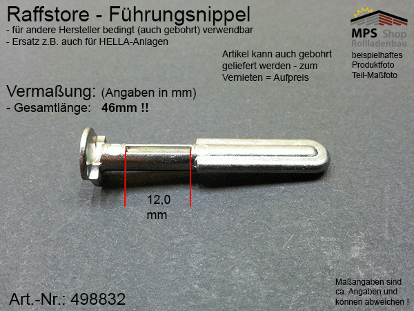 498832 Führungsnippel Metall, Länge 46mm (z.B. Hella) - lang