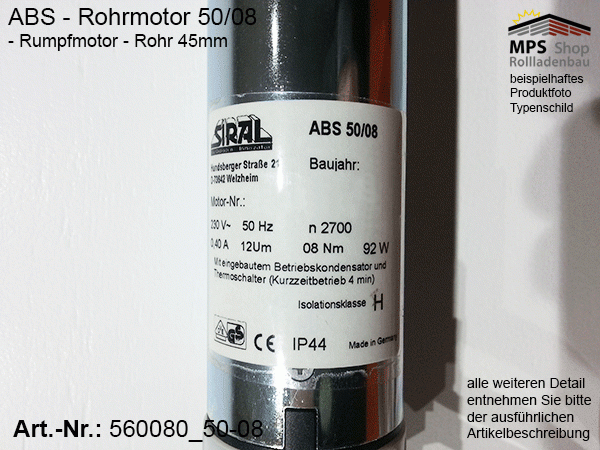 560080 -8Nm- ABS Rohrmotor (Rumpfmotor)