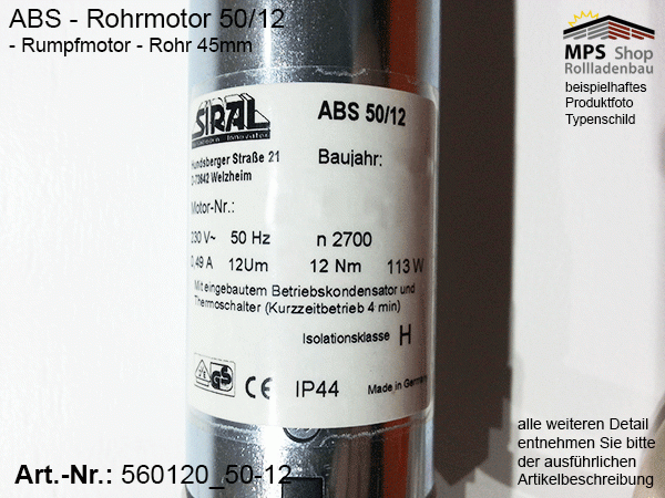 560120 -12Nm- ABS Rohrmotor (Rumpfmotor)