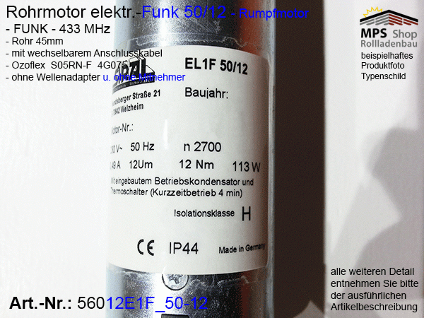 56012E1F -12Nm- elektr. Rohrmotor (Rumpfmotor) - FUNK