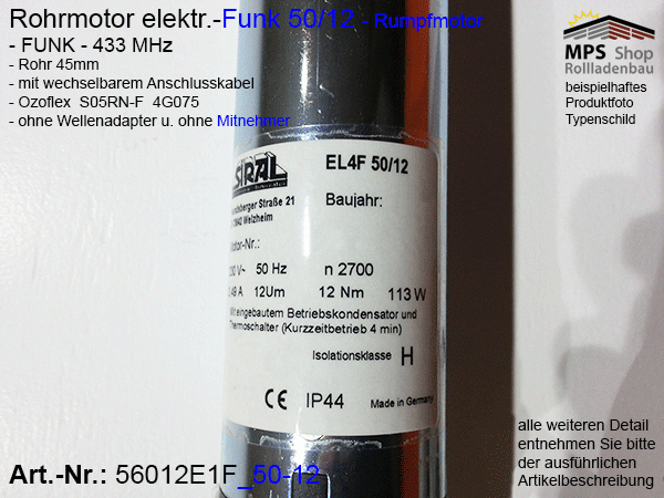 56012E4F -12Nm- elektr. Rohrmotor (Rumpfmotor) - FUNK