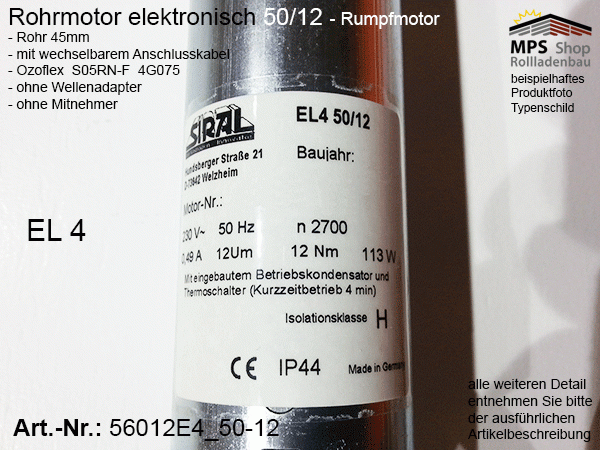 56012E4 -12Nm- elektronischer Rohrmotor (Rumpfmotor)