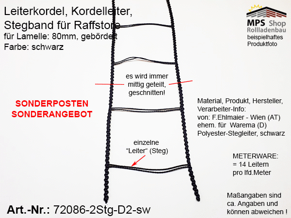 72086-2Stg-D2-sw - SONDERANGEBOT - Leiterkordel 80er gebördelt, schwarz - METERWARE