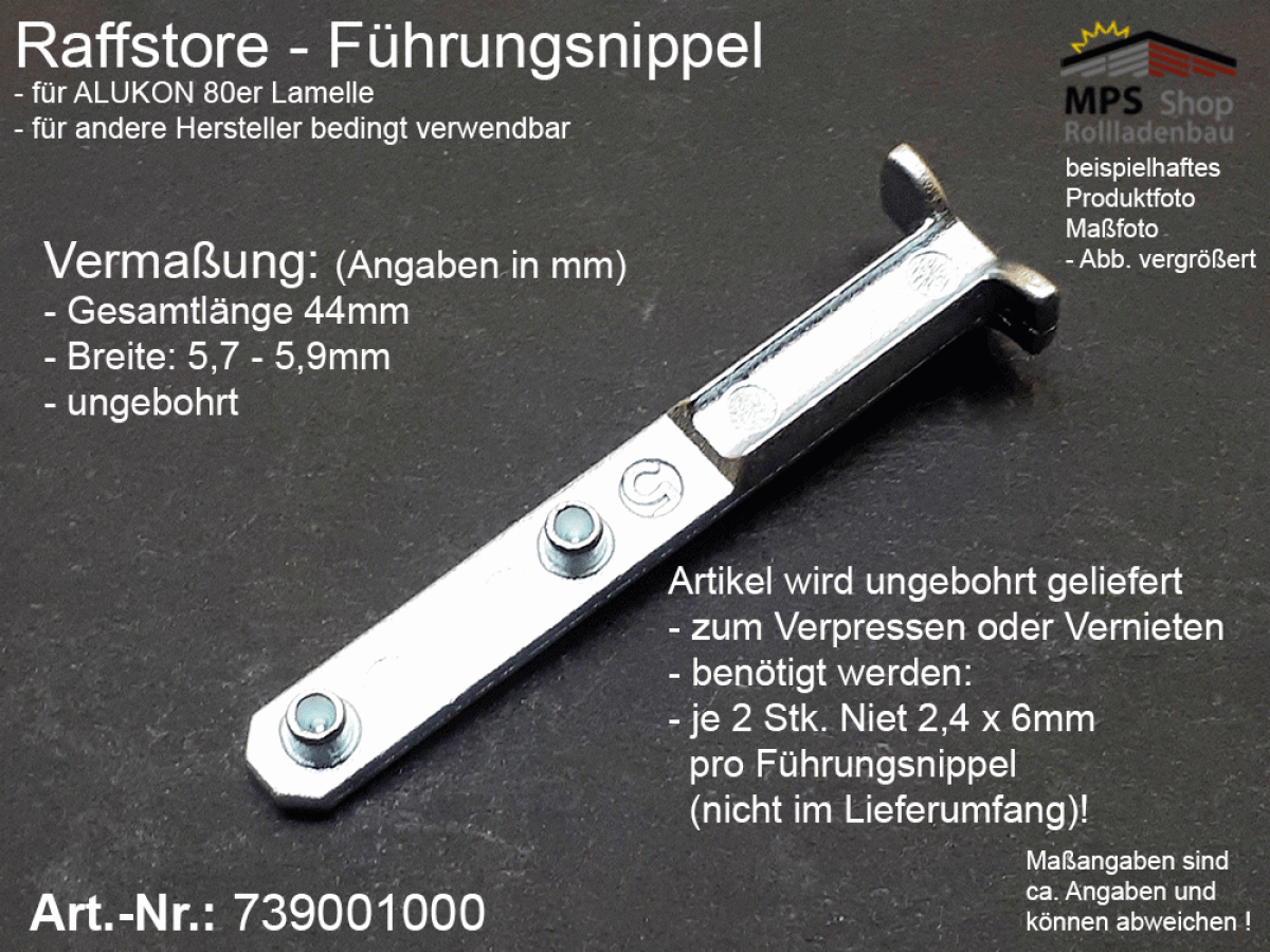 739001000 Führungsnippel Metall, Länge 44mm (z.B. ALUKON) - ungebohrt, ohne Niet