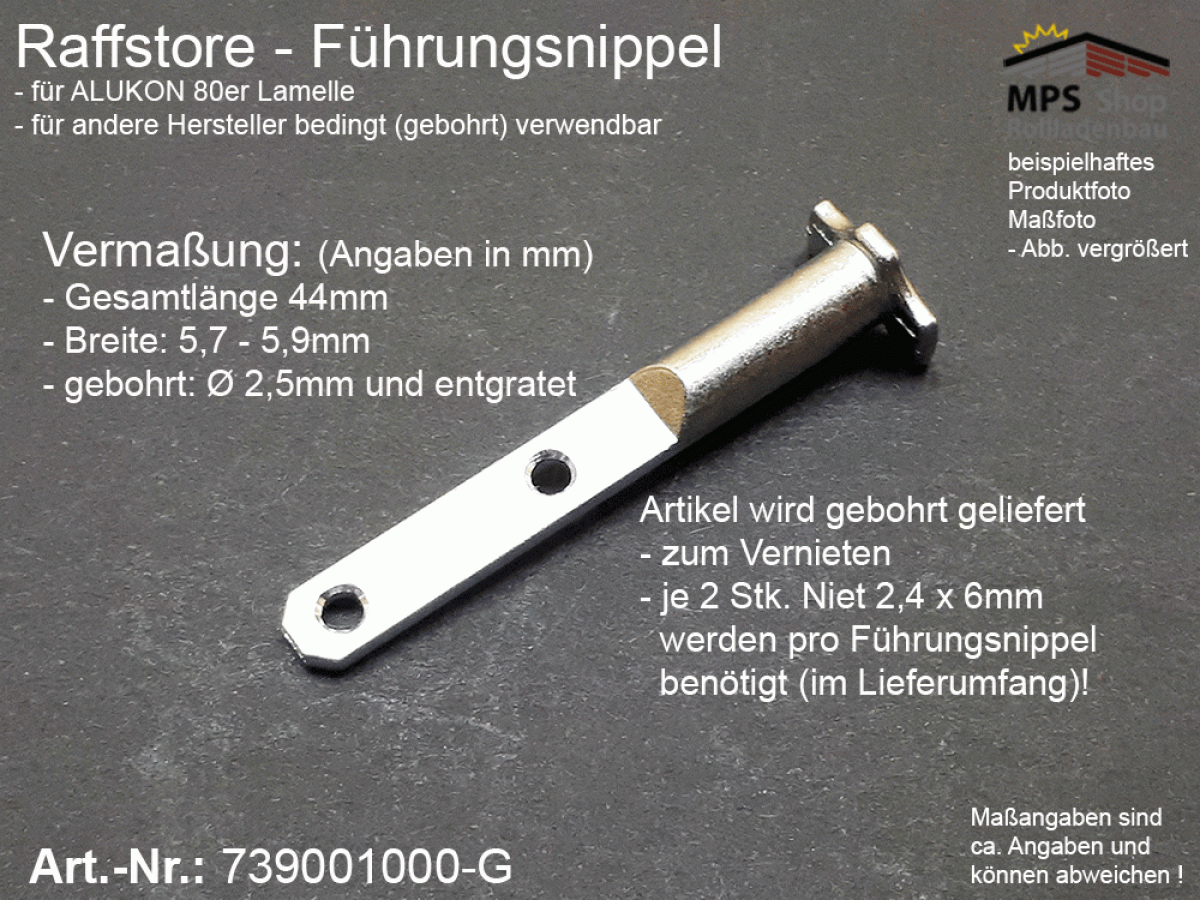 739001000-G Führungsnippel Metall, Länge 44mm (z.B. ALUKON) - gebohrt, mit 2 x Niet