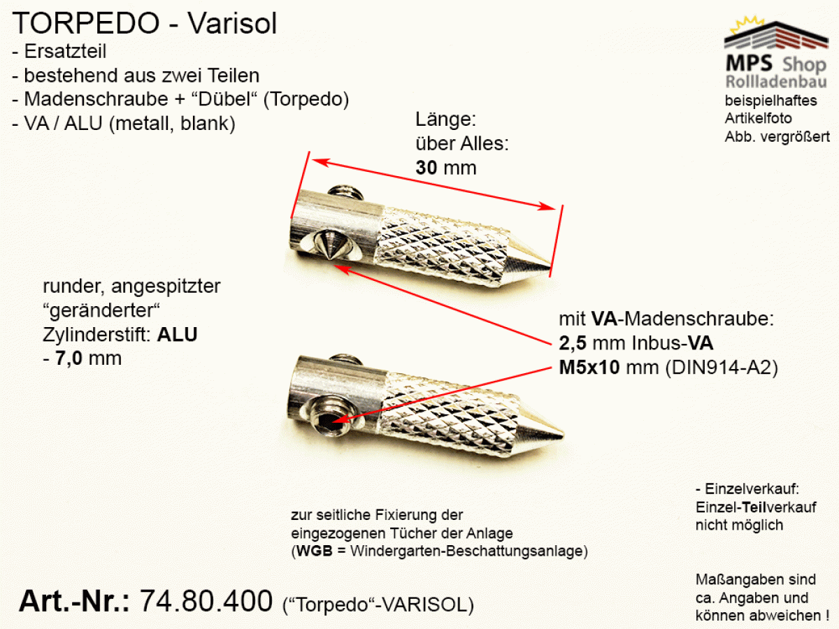 74.80.400 ALU-Tuchspanner, ALU-VA 7,0mm - mit VA-Madenschraube M5x10mm - gerändert