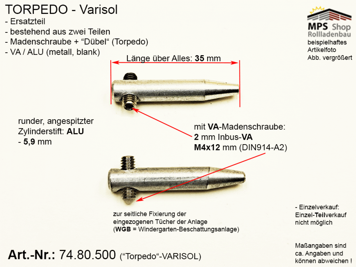 74.80.500 ALU-Tuchspanner, ALU-VA 5,9mm - mit VA-Madenschraube M4x12mm - nicht gerändert