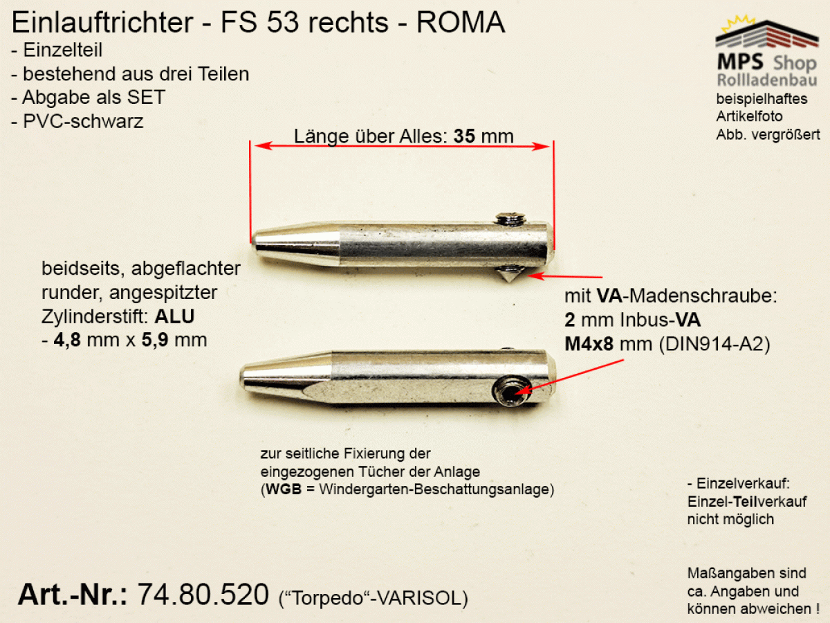 74.80.520 ALU-Tuchspanner, ALU-VA 4,8mm x 5,9mm - mit VA-Madenschraube M4x8mm- nicht gerändert