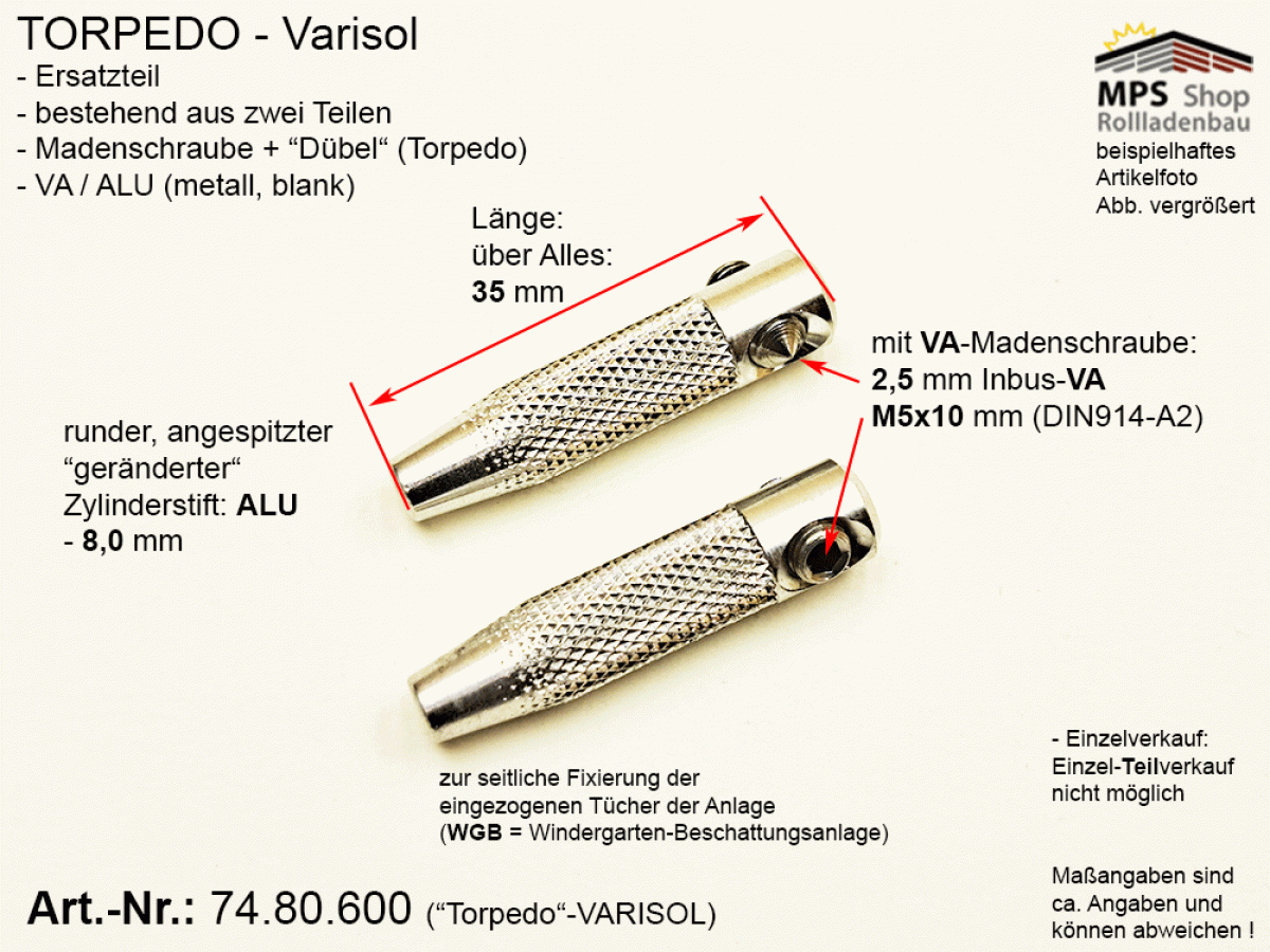 74.80.600 ALU-Tuchspanner, ALU-VA 8,0mm - mit VA-Madenschraube M5x10mm - gerändert