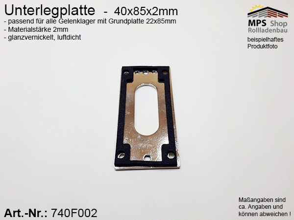 740F002, Unterlegplatte 40x85x2mm für Gelenklager mit Grundplatte 22x85mm; 45° und 90° - glanzvernickelt, luftdicht