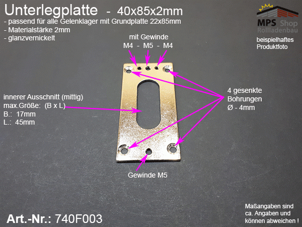 740F003, Unterlegplatte 40x85x2mm für Gelenklager mit Grundplatte 22x85mm; 45° und 90° - glanzvernickelt