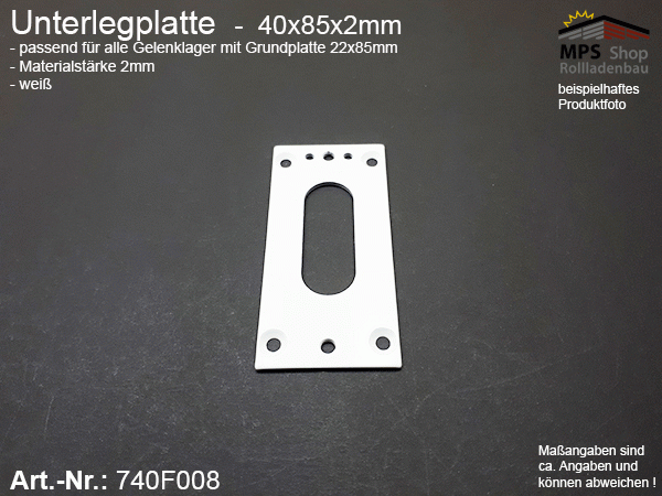 740F008, Unterlegplatte 40x85x2mm für Gelenklager mit Grundplatte 22x85mm; 45° und 90° - weiß