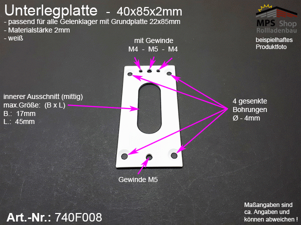 740F008, Unterlegplatte 40x85x2mm für Gelenklager mit Grundplatte 22x85mm; 45° und 90° - weiß