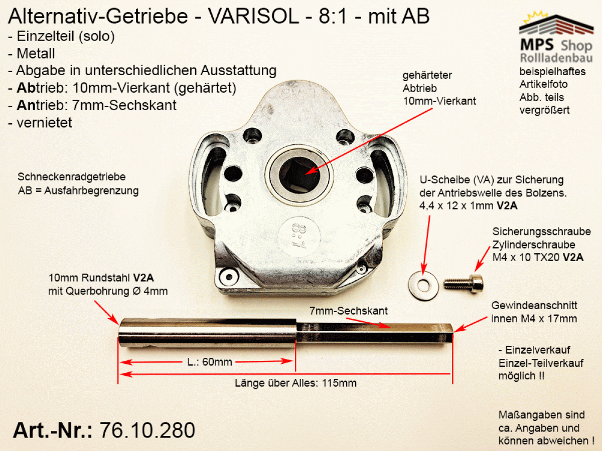 76.10.280, IMBAC Schneckengetriebe 8:1, mit AB - metall, GEIGER