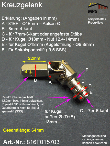 816F015703 Kreuzgelenk, 8mm-4-kant / 7mm-6-kant