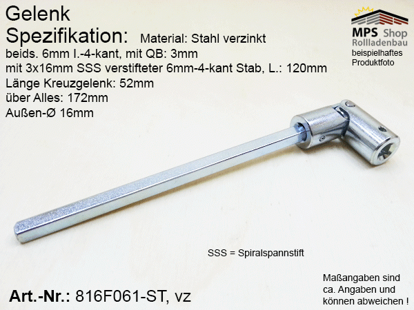 816F061 Kreuzgelenk Ø16mm, Z1+Z2: 6mm I.-4-kant, QB: 2,5mm, Z1: mit 6mm-4-kant Stab L: 120mm, ST, vz