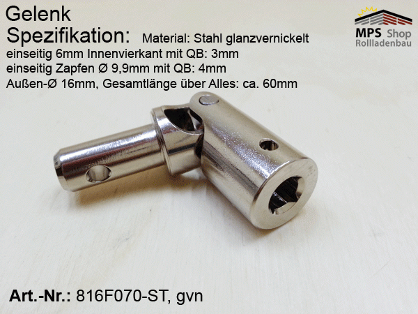 Kreuzgelenk Ø16mm, Z1: Ø 9,9mm QB: 4mm, Z2: 6mm Innenvierkant QB: 3mm, Stahl glanzvernickelt