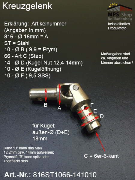 Kreuzgelenk 16mm, 816ST1066-141010, Prym-Stift 10mm