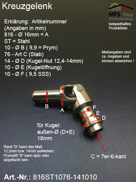 Kreuzgelenk 16mm, 816ST1076-141010, Prym-Stift 10mm