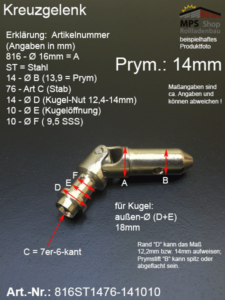 Kreuzgelenk 16mm, 816ST1476-141010, Prym-Stift 14mm