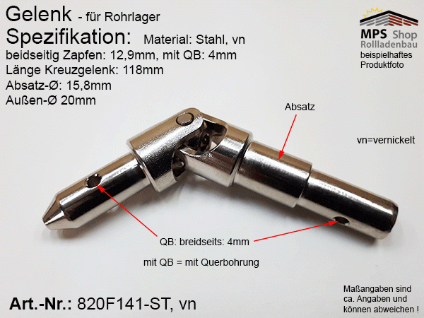 820F141 Kreuzgelenk Ø20mm, beids.Zapfen 12,9mm, QB: 4mm, Stahl-vn.