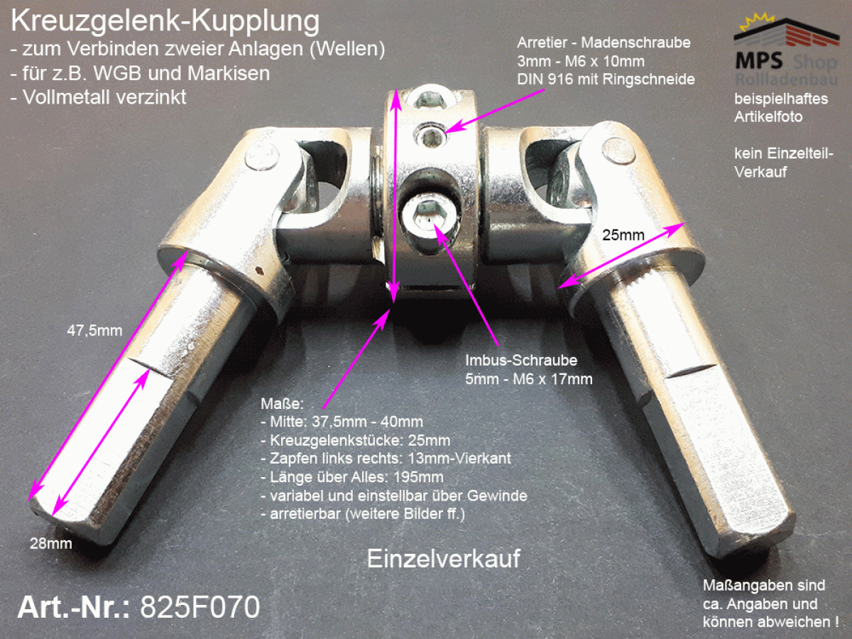 825F070 Kreuzgelenk-Kupplung Ø25mm, beids.Zapfen 13mm, L.: 195mm, Stahl-vz.