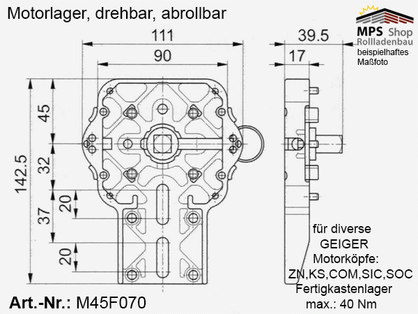 M45F070 Motorlager, Neubaulager für ZN+KS+COM+SIC+SOC-Kopf SolidLine bis 40Nm, abrolllbar