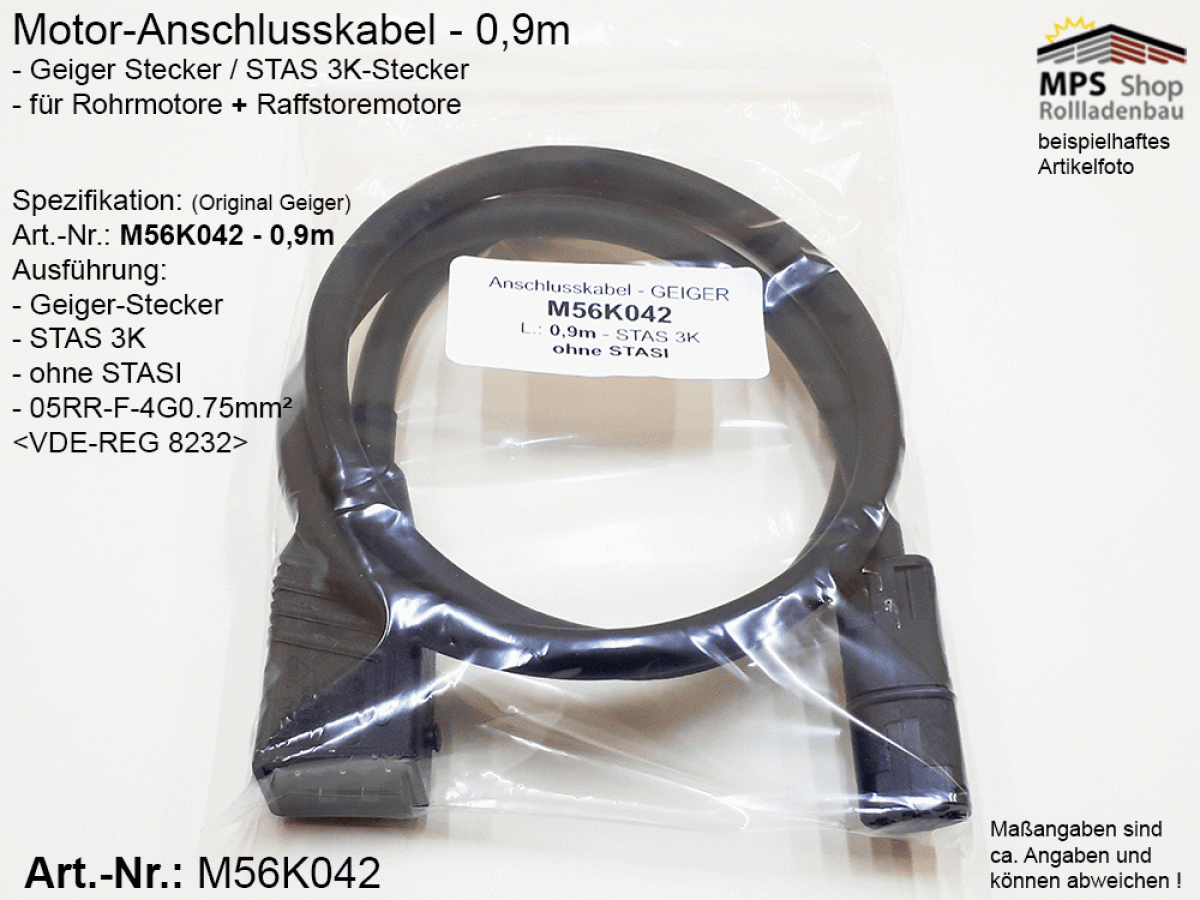 M56K042 Motor-Anschlusskabel ca. 900mm, Geiger Stecker, mit STAS 3K Stecker, ohne STASI