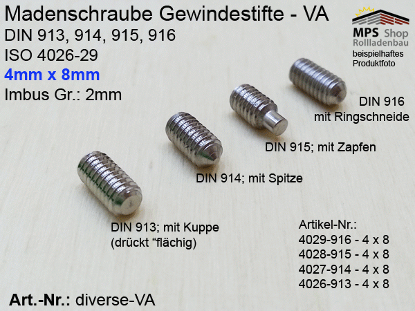 Madenschrauben, Gewindestifte M4x8, ISO 4026-29, DIN 913-916 - VA