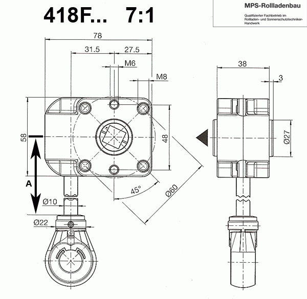 418F028 M.-SG 7:1 weiß, ohne Bund, Achsverlängerung 150mm