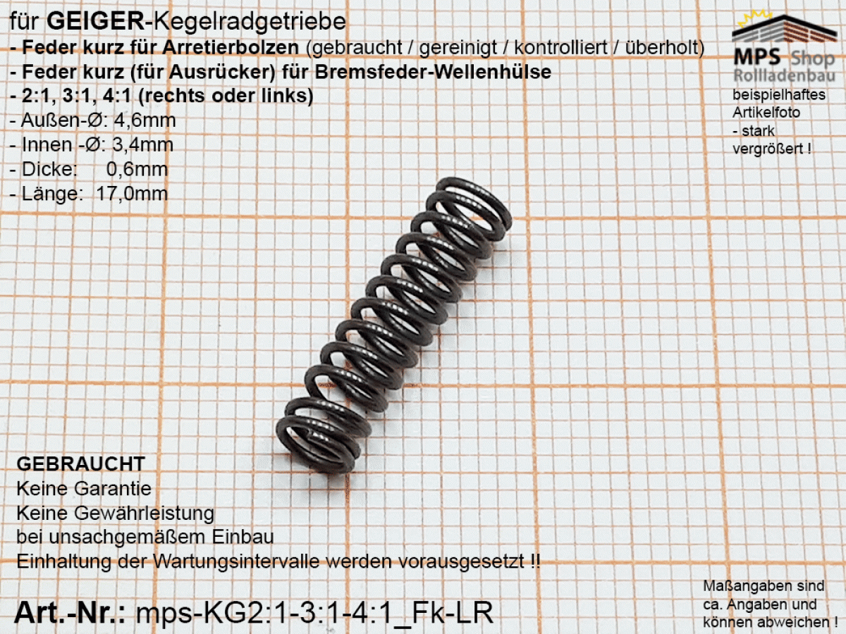 mps-KG2:1-3:1-4:1_Fk-LR, Feder kurz für Arretierbolzen (Ausrücker) - GEBRAUCHT