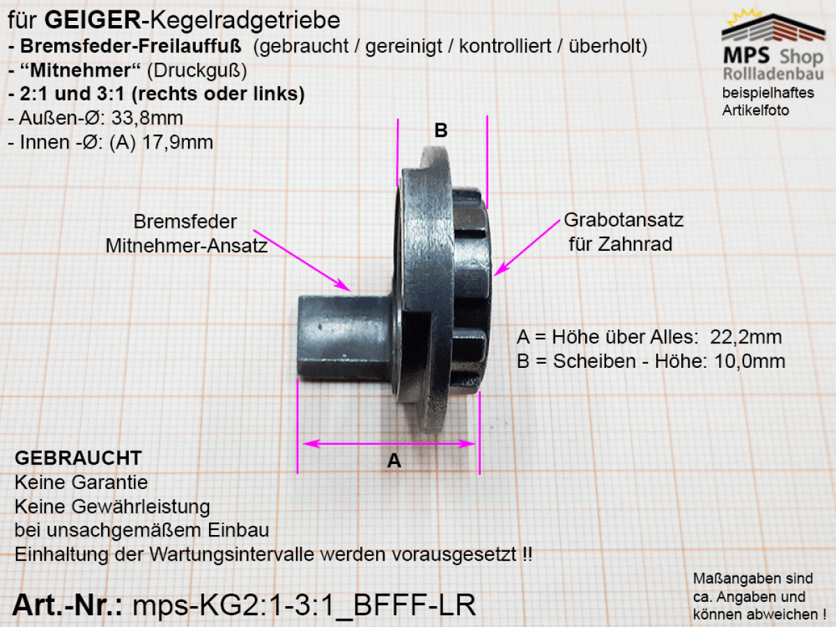 mps-KG2:1_3:1_BFFF-LR - Bremsfeder-Freilauffuss für Kegelradgetriebe - GEBRAUCHT